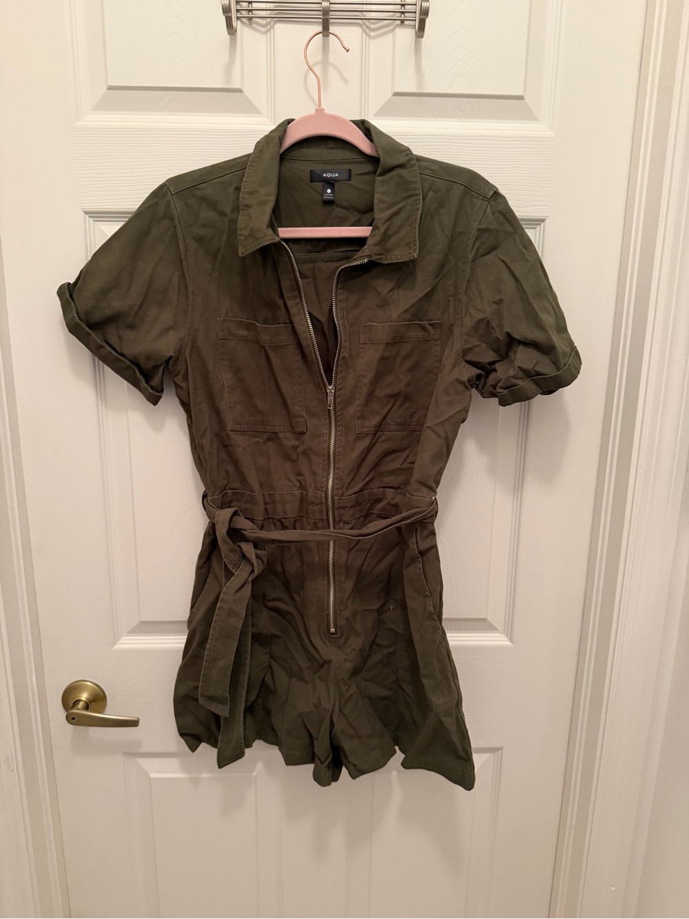 Aqua Olive Short-Sleeve Utility Romper with Zip Front